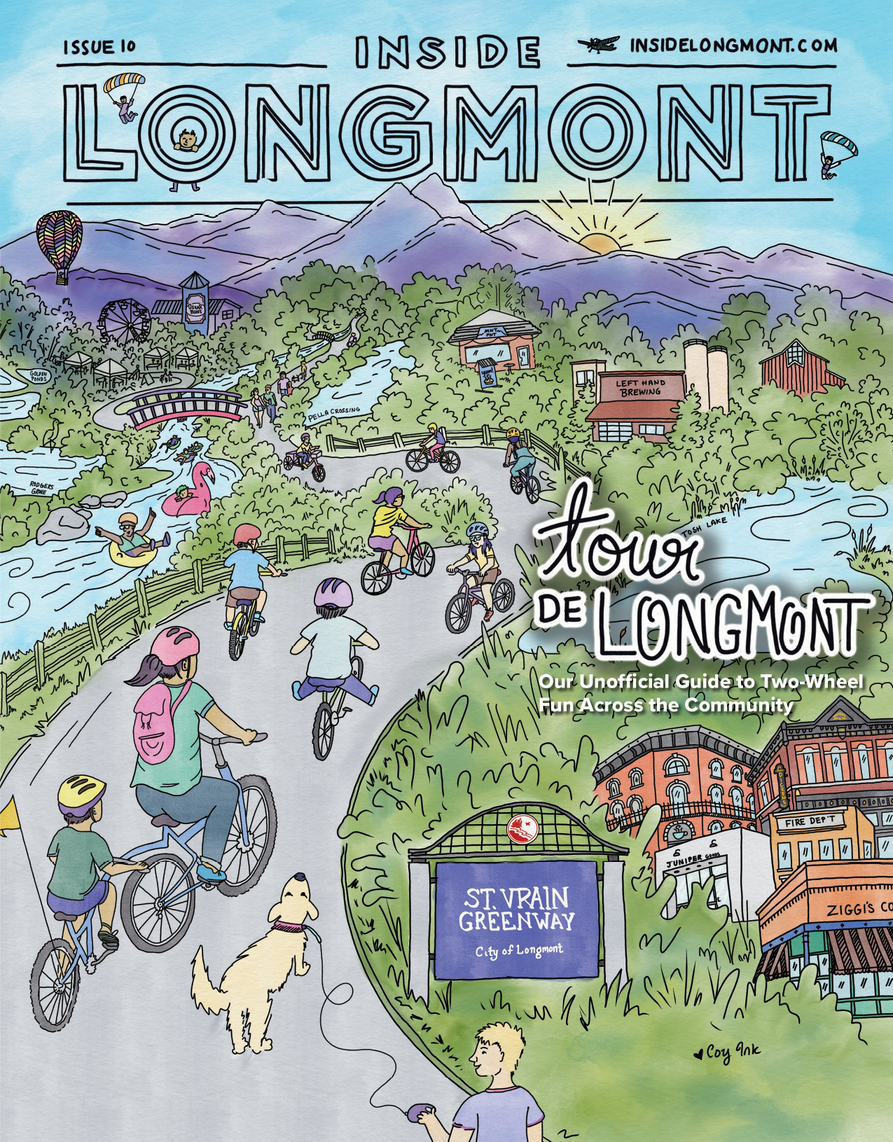 INSIDE LONGMONT Cover Issue 10 Illustrated scene of biking in Longmont.